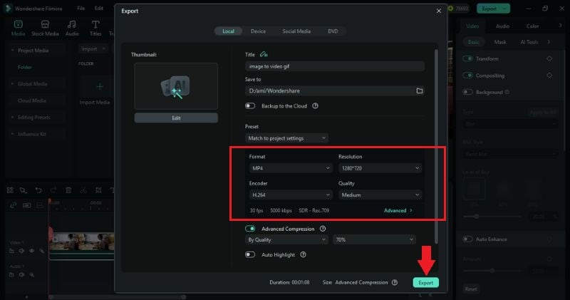 adjust the settings and click export