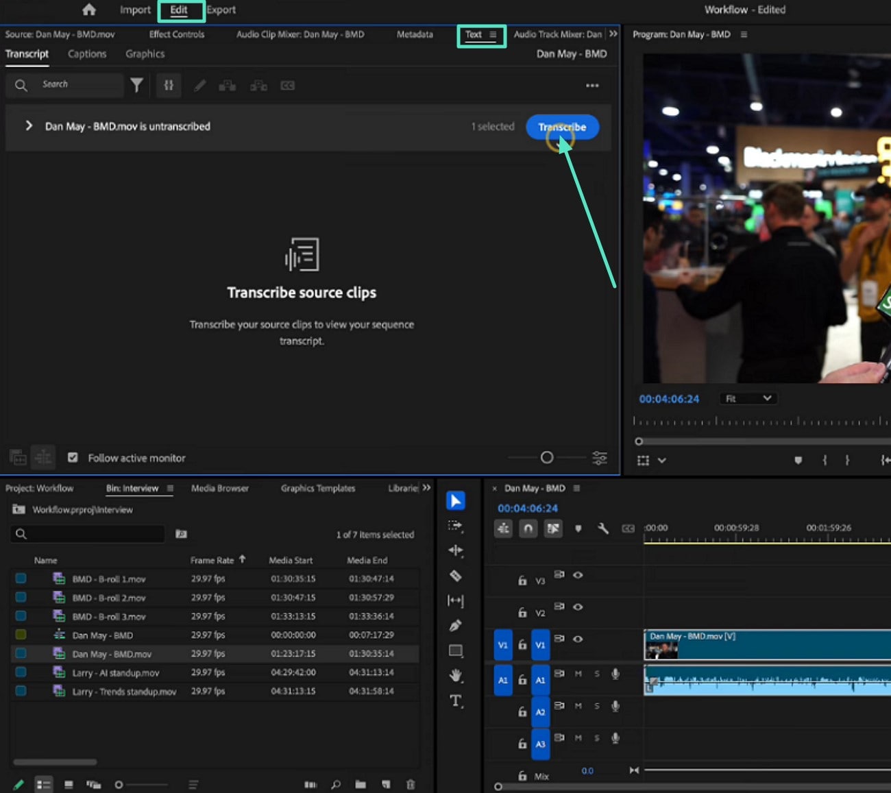 start audio transcription in premiere