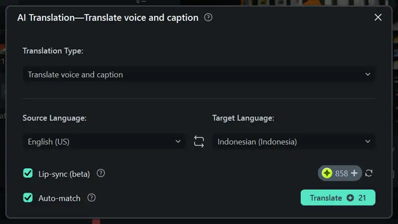 ai translation parameter on filmora