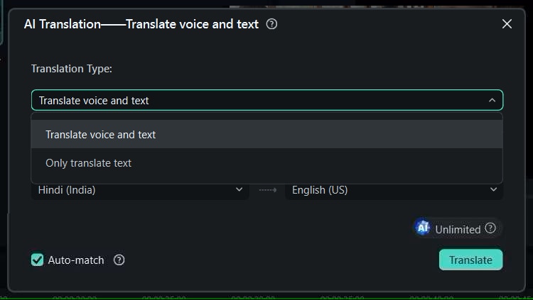wondershare filmora ai translation type