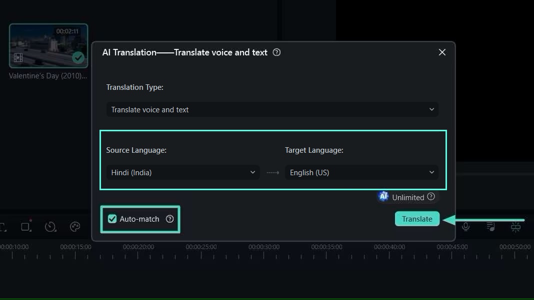 filmora ai translation source language