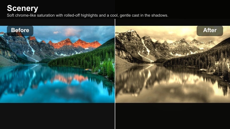 Mountain lake scenery with soft chrome-like color grading