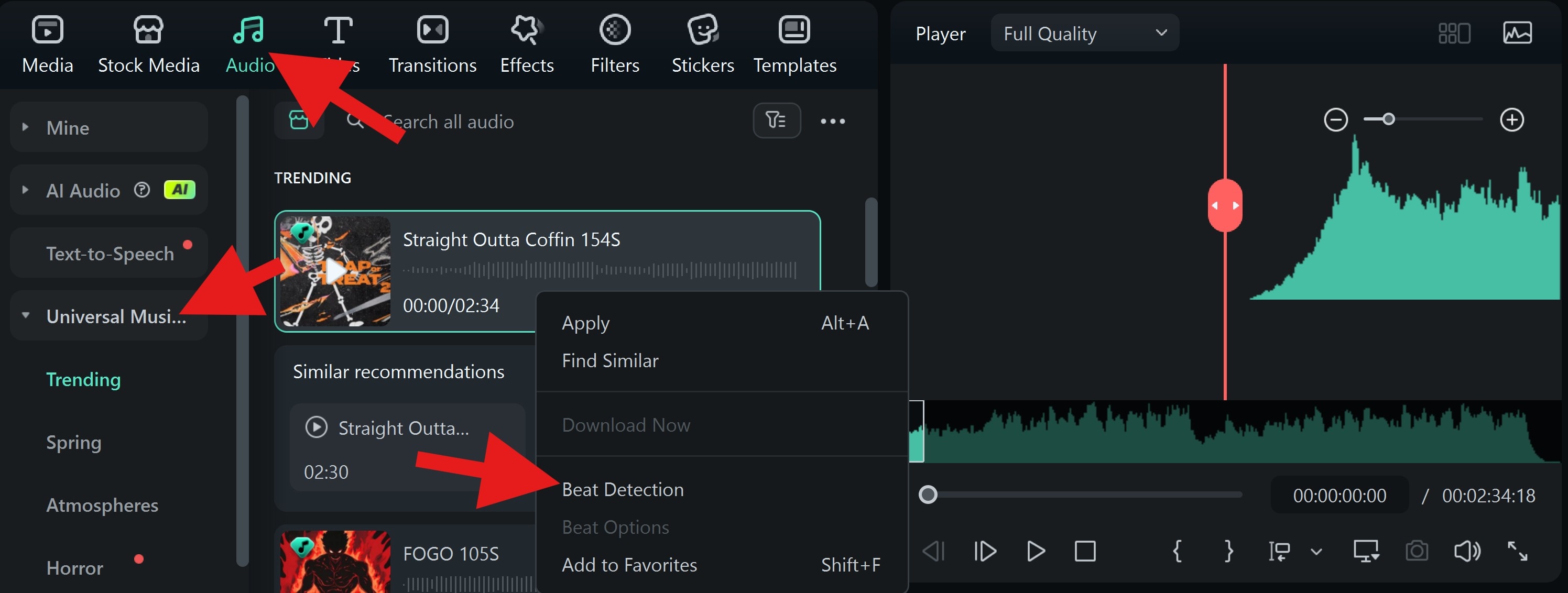 use beat detection universal music filmora