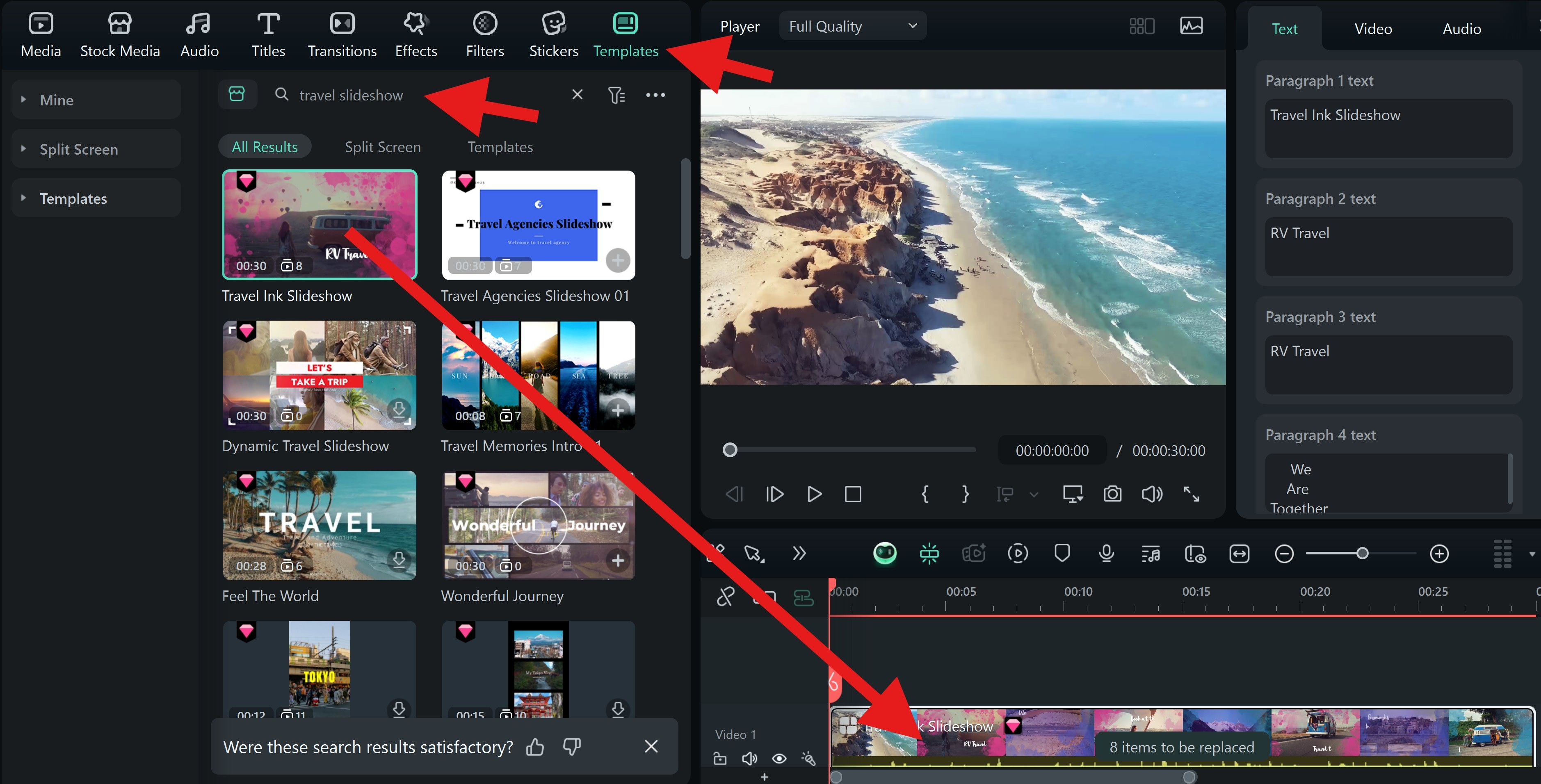 drag travel slideshow template to timeline