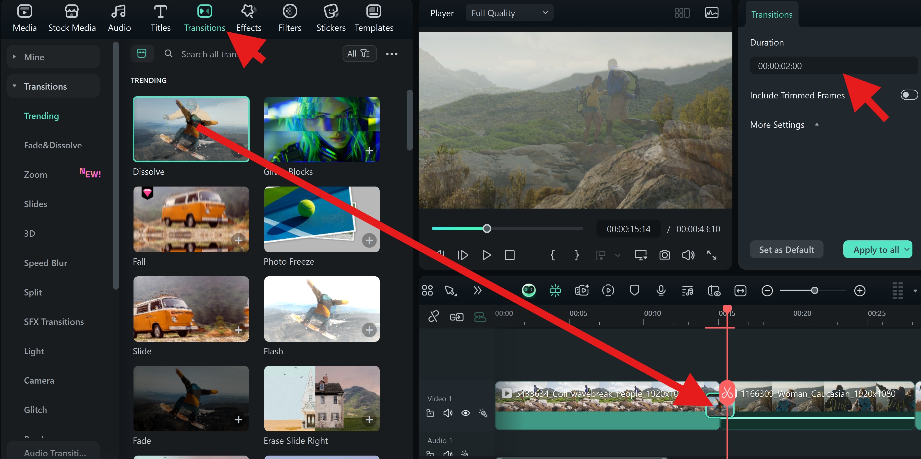 add transitions to travel videos filmora