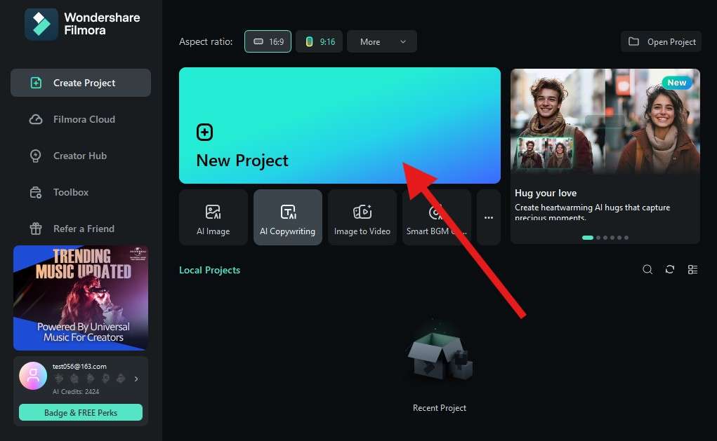 create a new project filmora desktop
