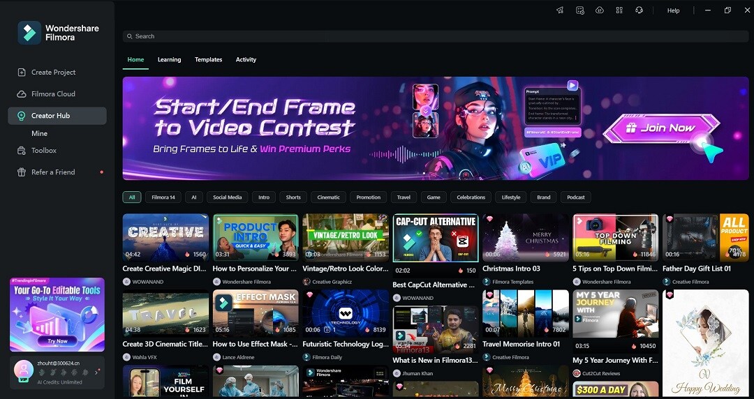 filmora creator hub interface