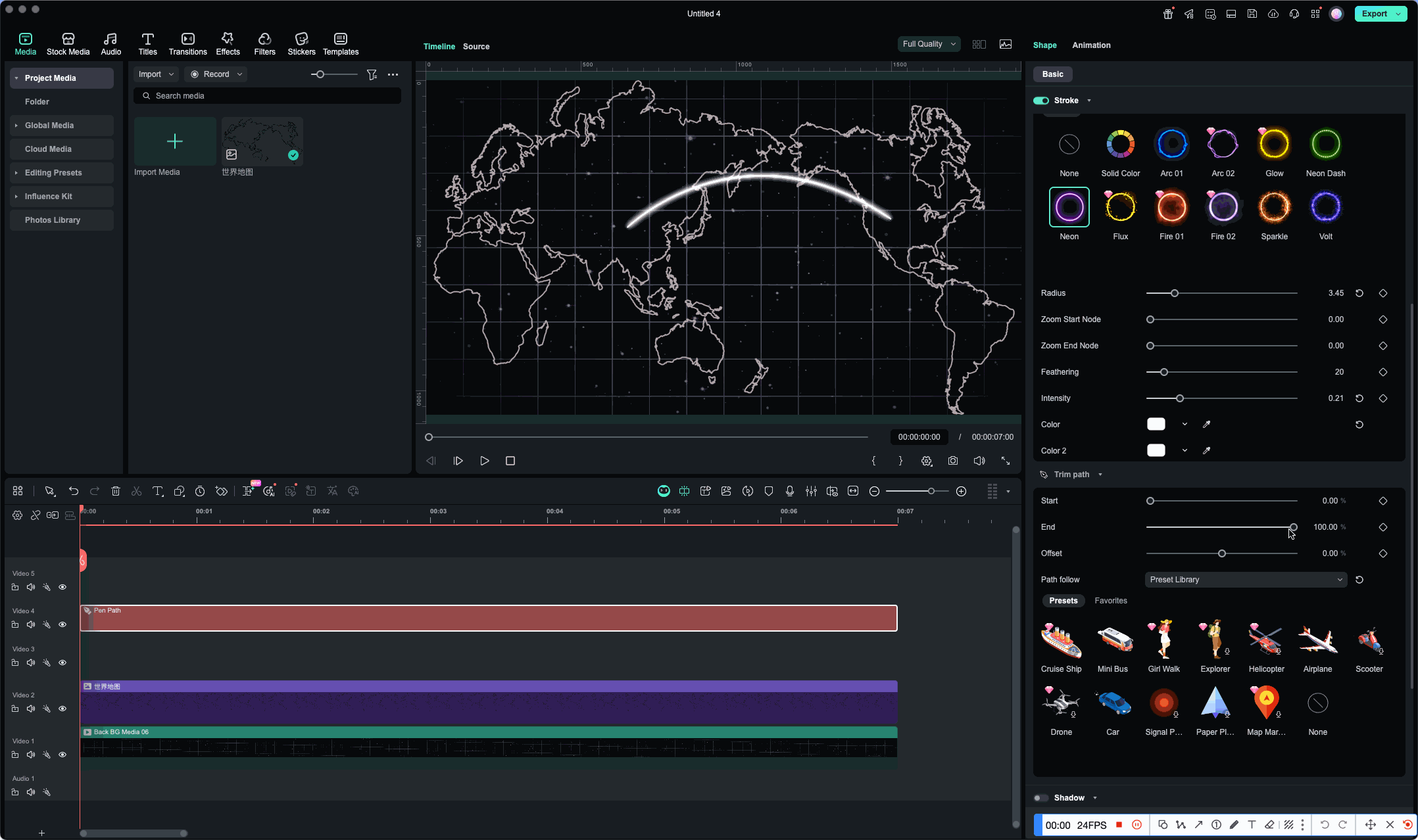 Filmora create line animation growing route effect
