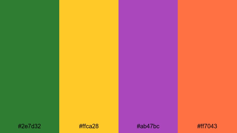 tropical party burst green yellow purple color palette with hex codes