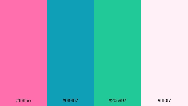 tropical surf glow blue green pink color palette with hex codes
