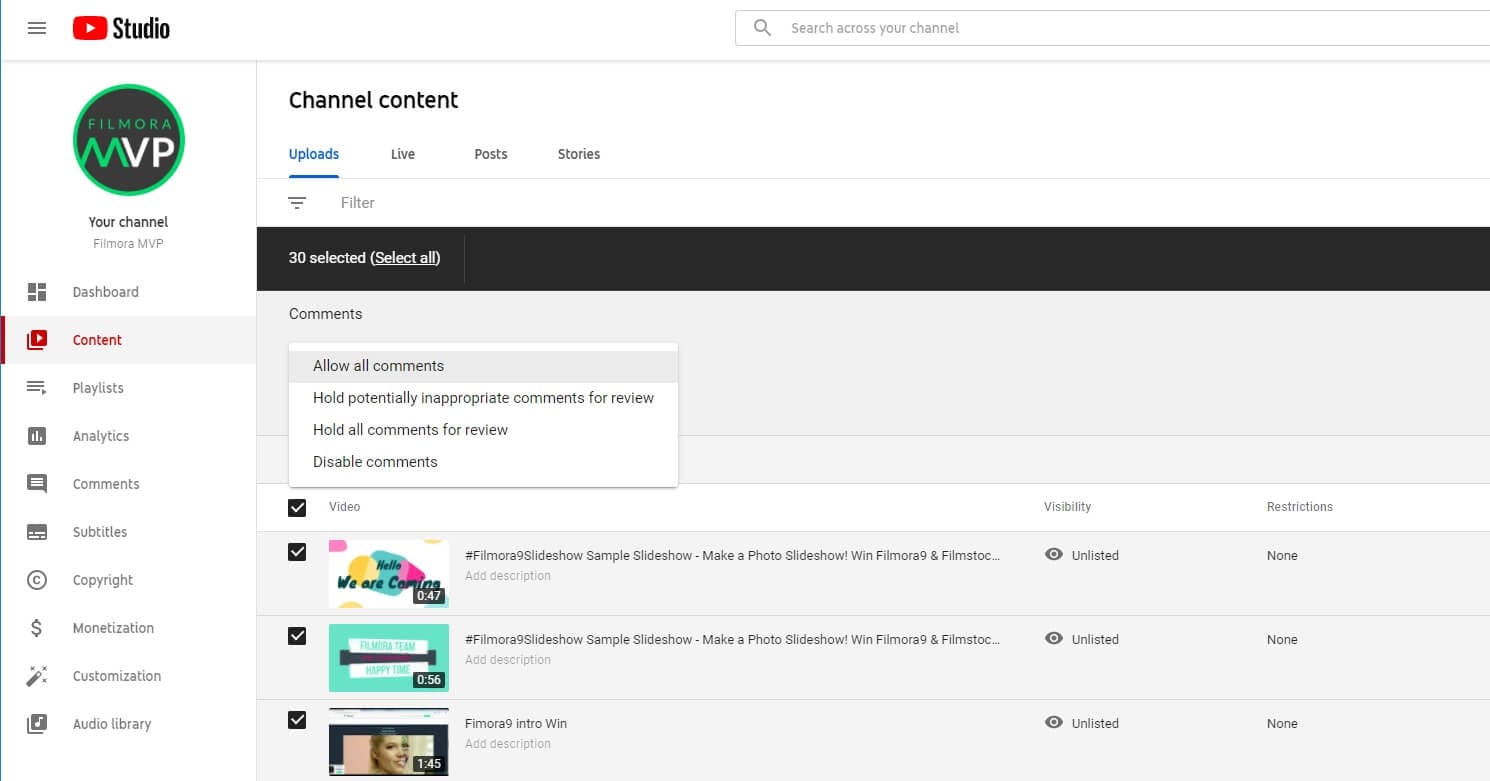  Turn on or off YouTube content commnets settings