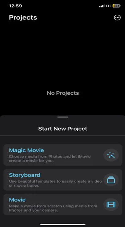 start a new project on imovie