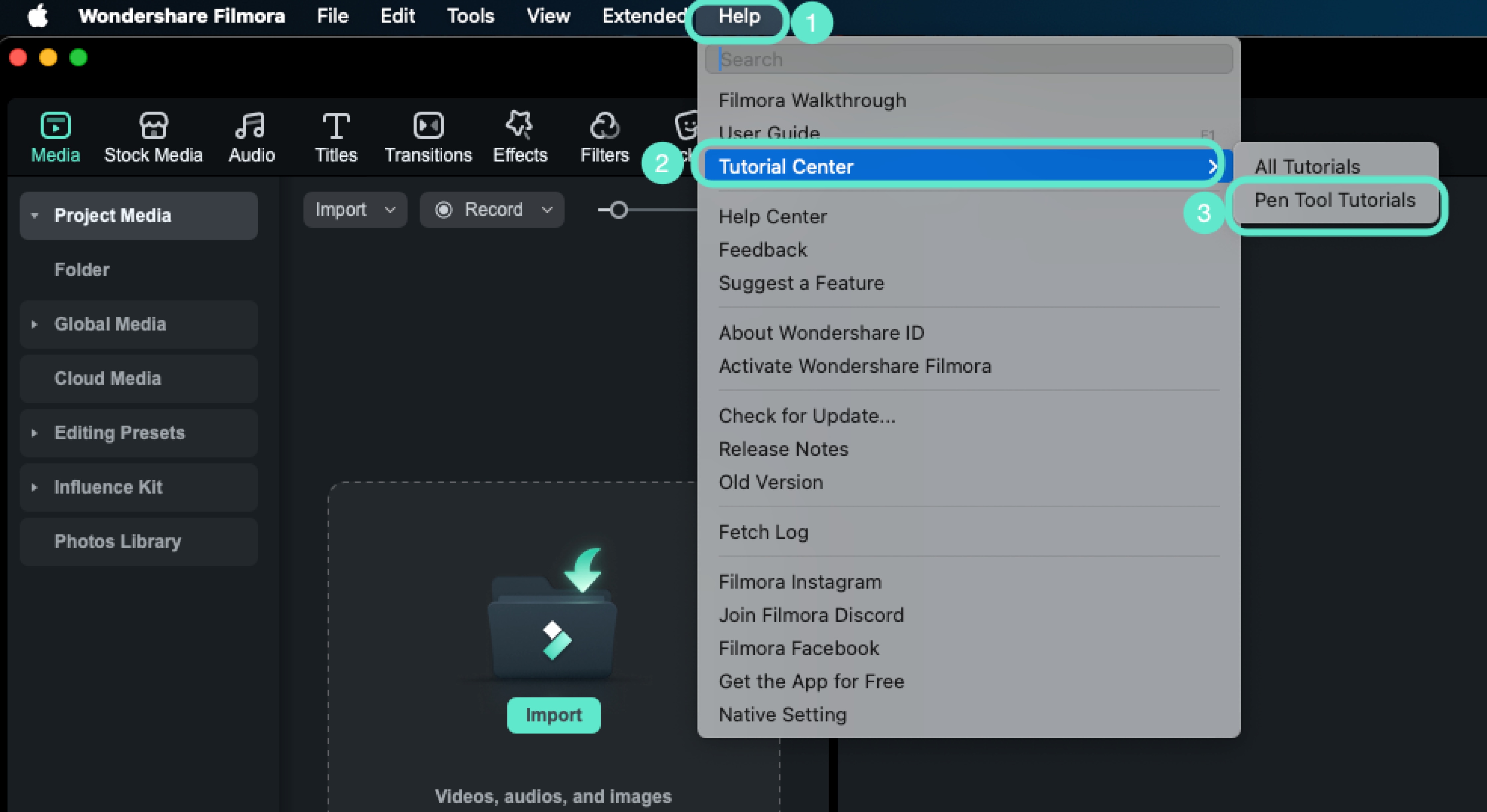 how to access the Tutorial Center and open the Pen Tool Tutorials