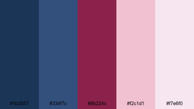 twilight harbor blush blue maroon color palette with hex codes
