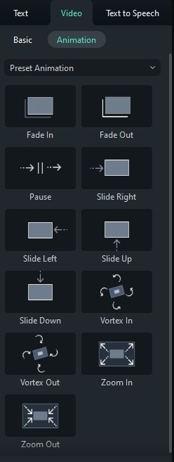 Filmora's animation presets