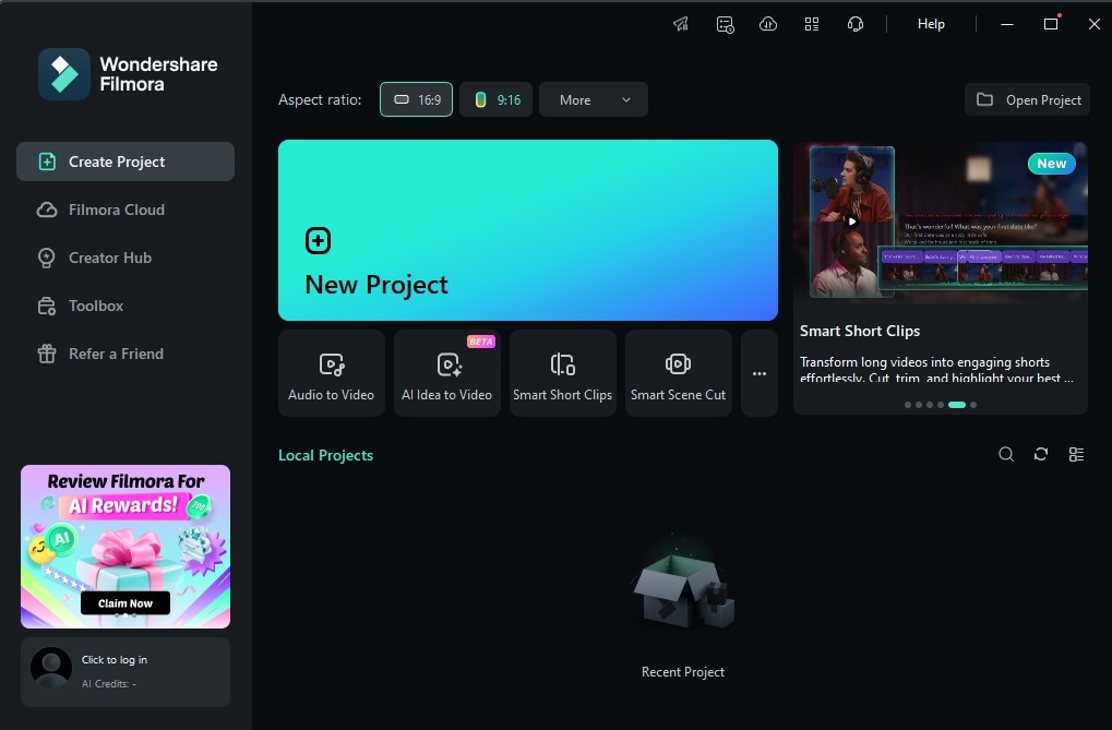 Launch Filmora and click new project button