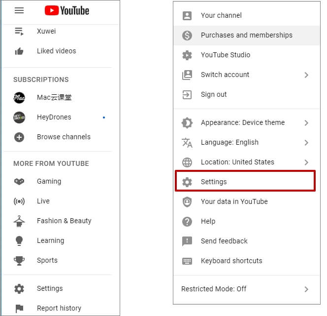    Impostazioni YouTube