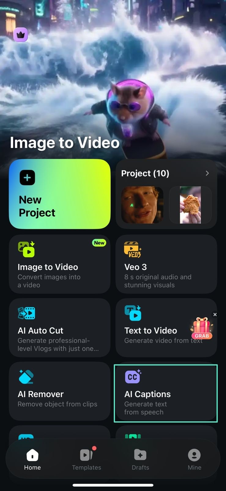 enter ai captions interface