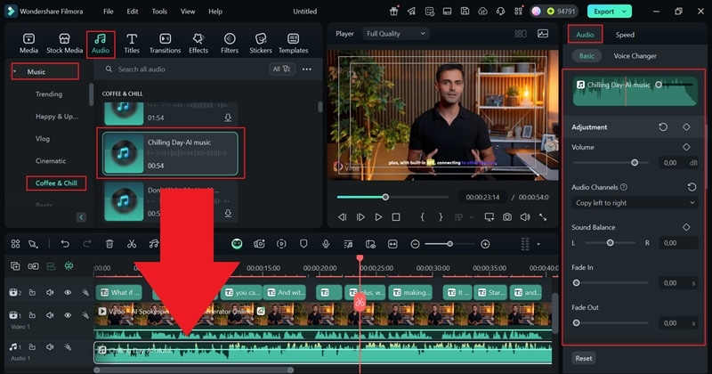 add music from filmora library