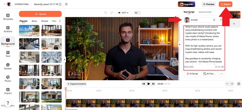 paste your script and export video
