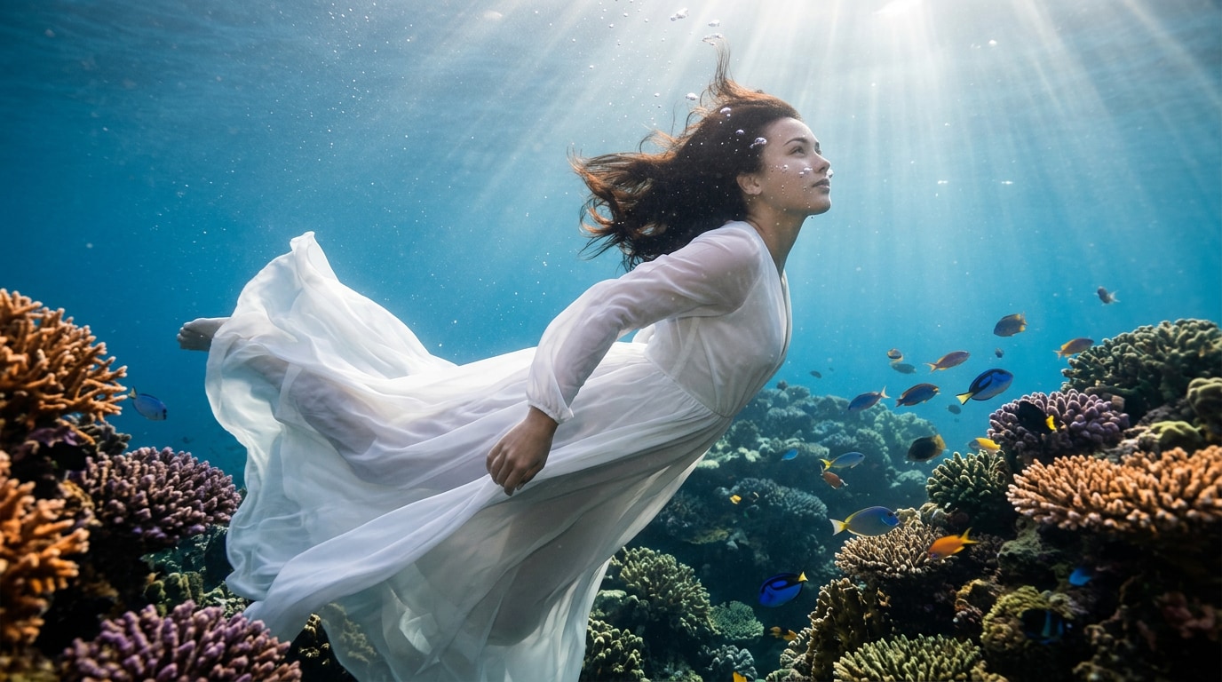 Achieve hyper realistic aquatic aesthetics with an underwater portrait prompt