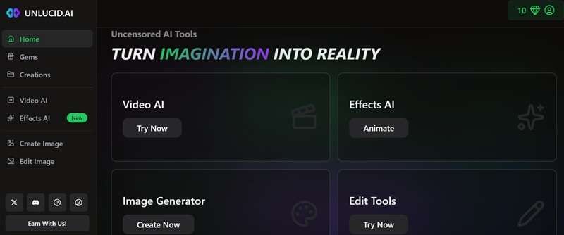 unlucid ai web homepage and dashboard