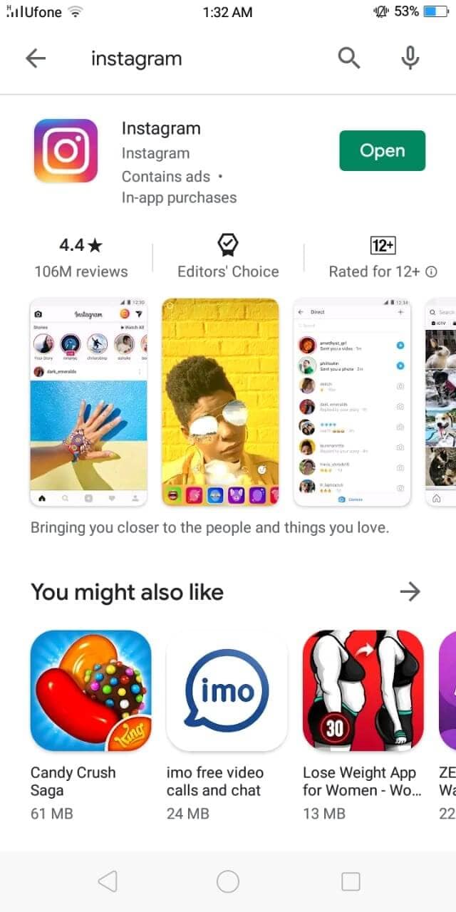 Mise à jour de l'application Instagram