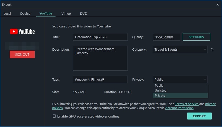 upload video to YouTube inFilmora9 