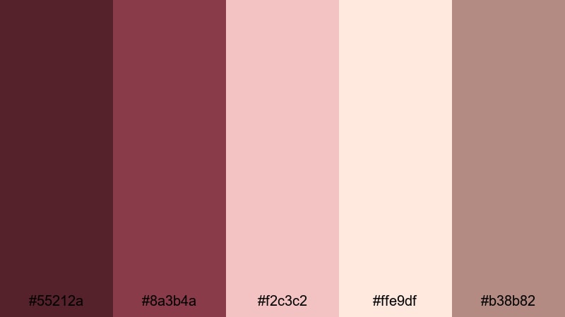 velvet evening blush brown burgundy color palette with hex codes