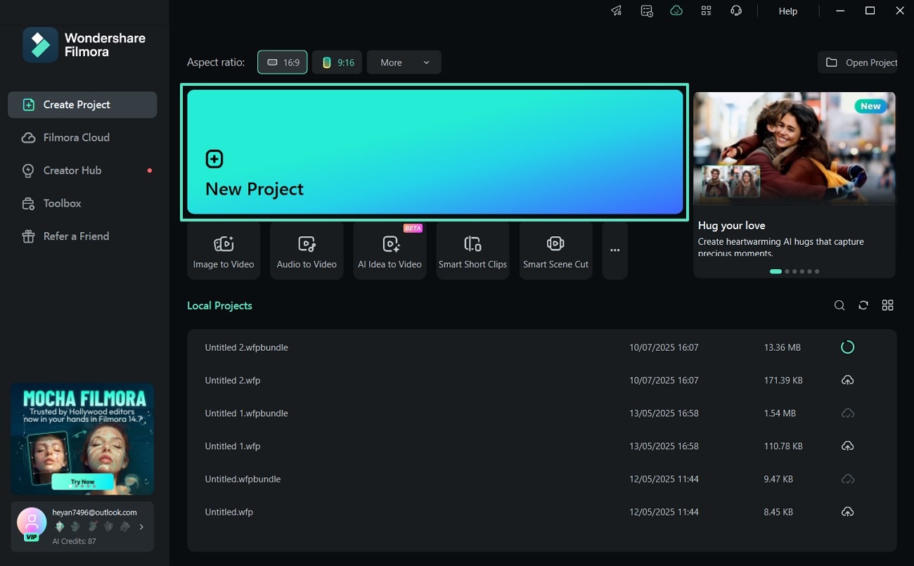 start new project filmora desktop