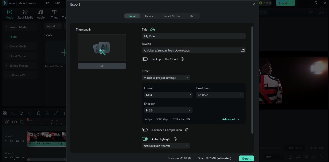 setting codec on filmora