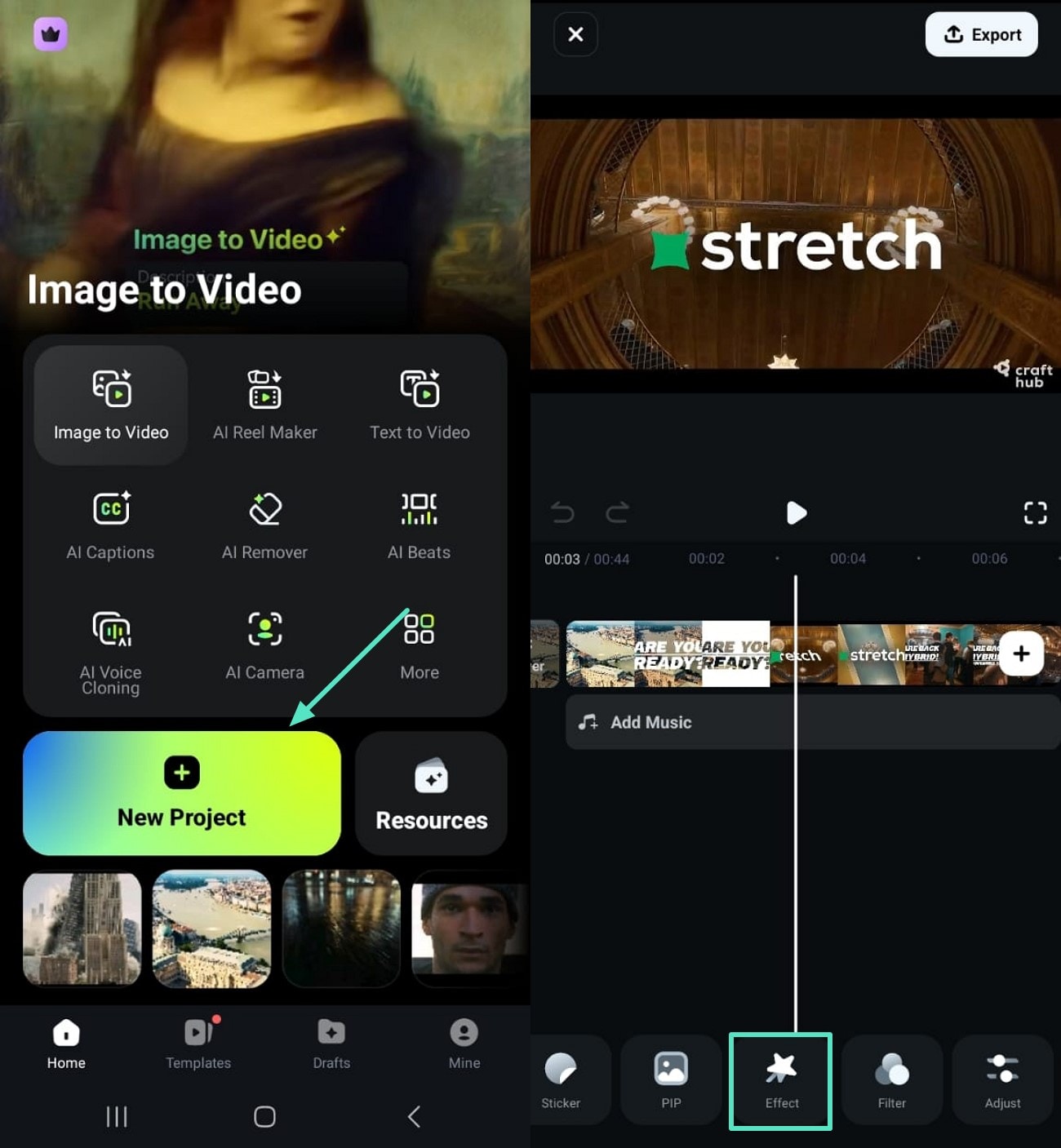installer l'application Filmora choisir la fonctionnalité d'effet