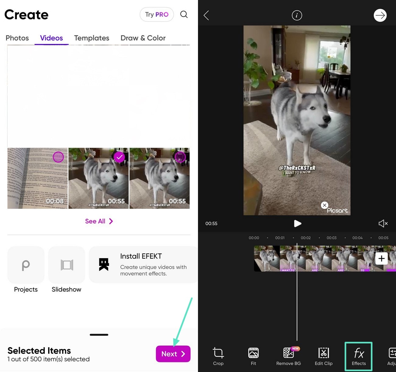 sélectionner la vidéo et choisir l'outil Effets