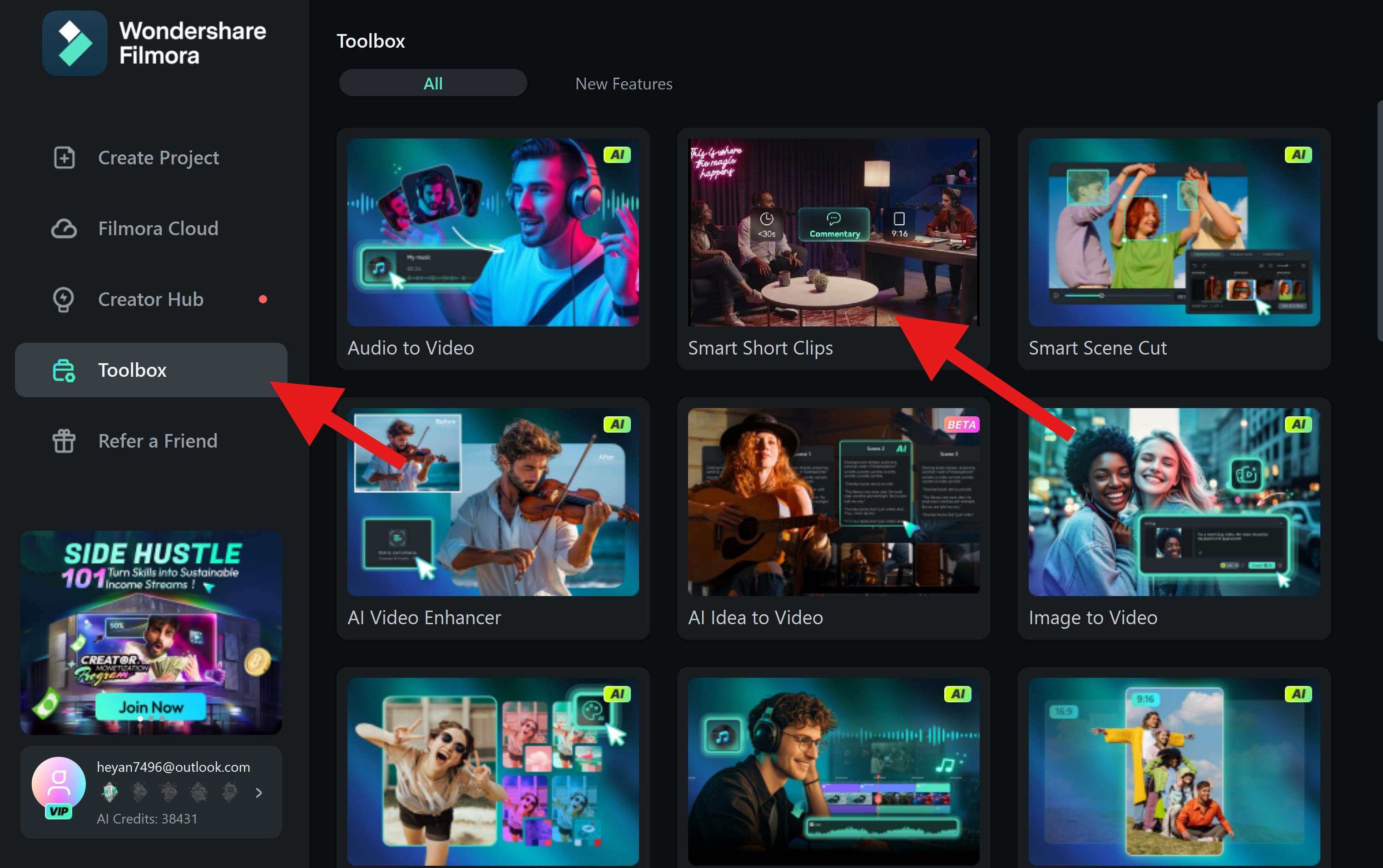 activate smart short clips feature filmora 