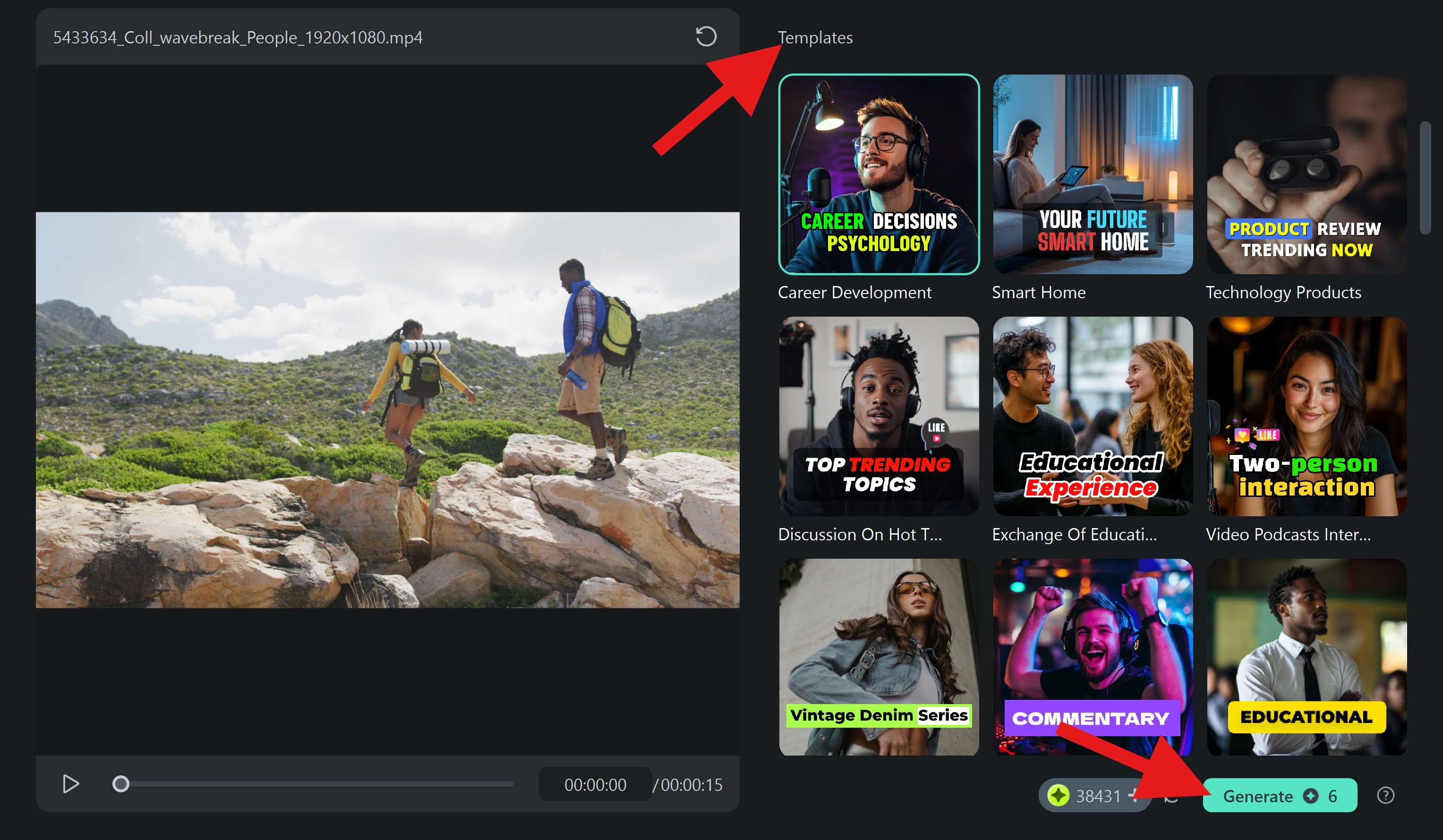 pick template generate smart short clips