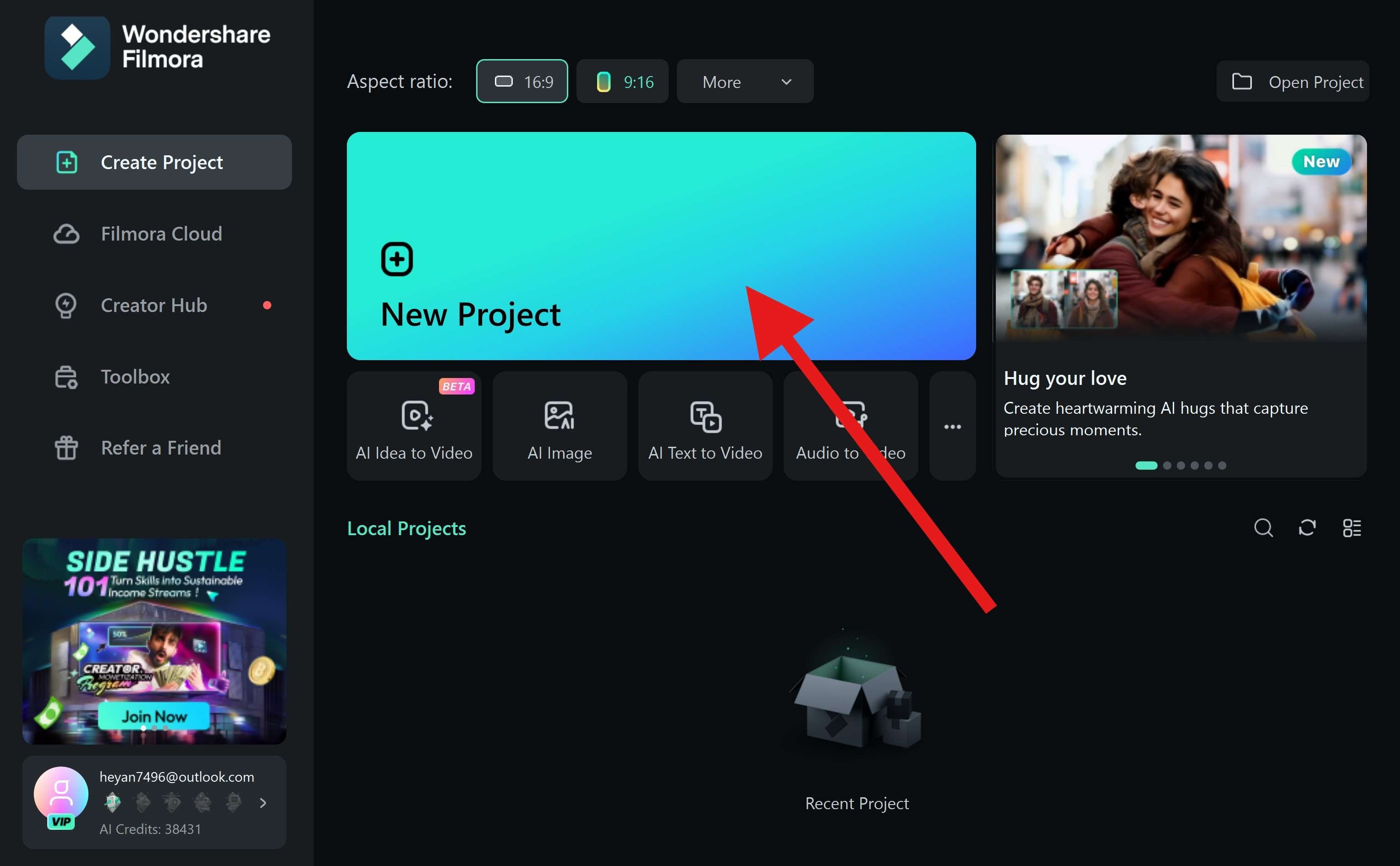 create a new project filmora desktop