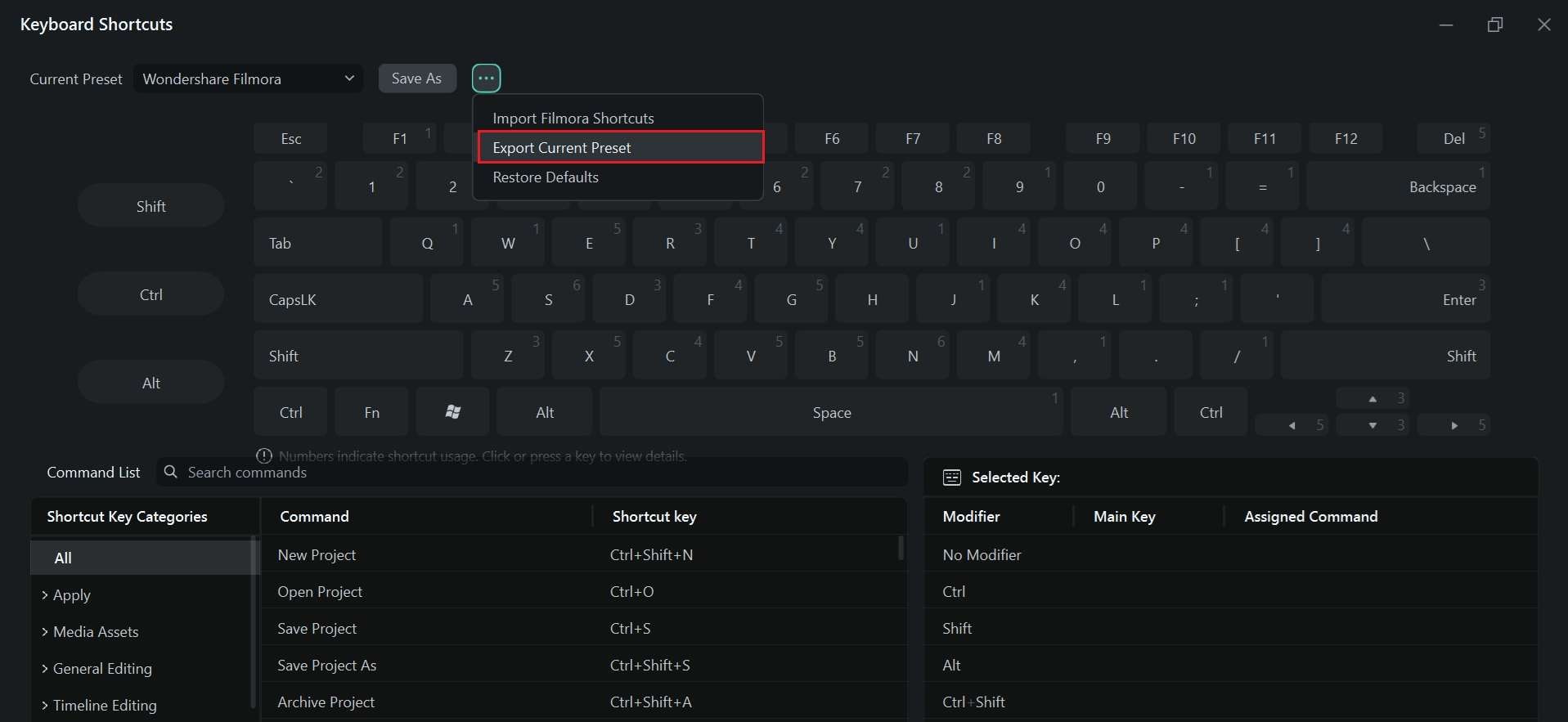 export custom filmora keyboard shortcut preset