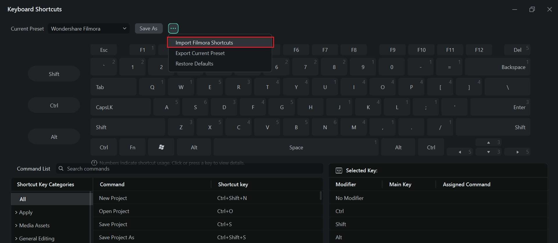 import filmora keyboard shortcut preset
