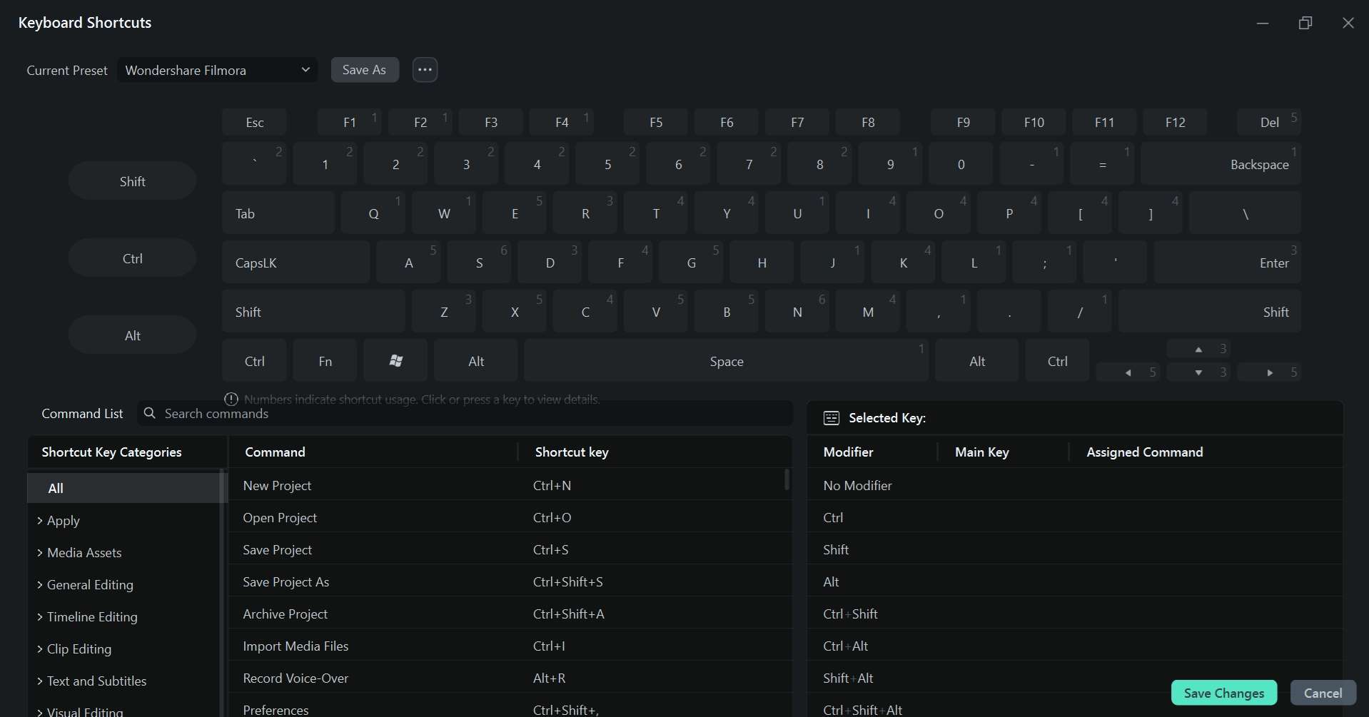 filmora enhanced keyboard shortcut manager
