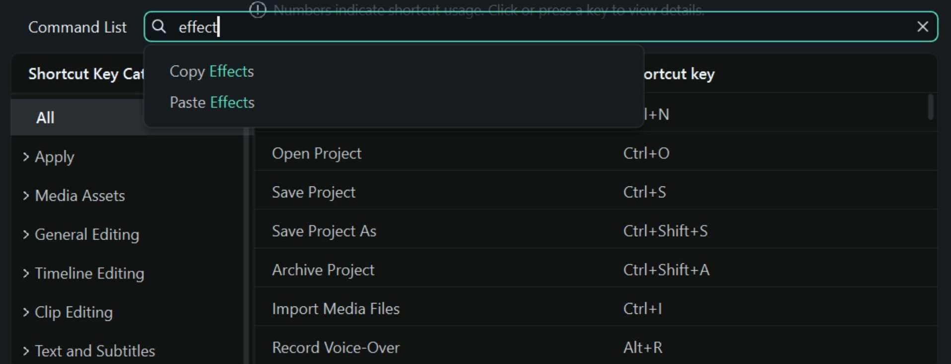 search for filmora keyboard shortcuts