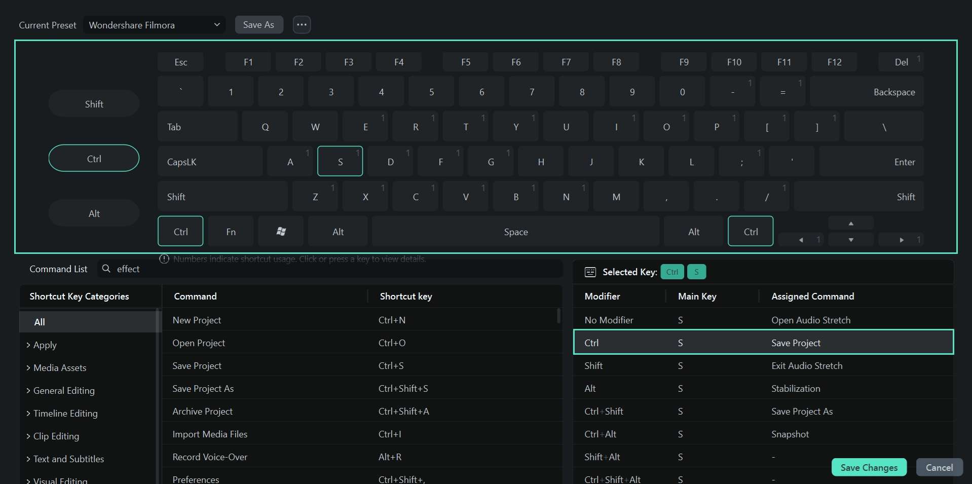 filmora visual keyboard shortcuts map