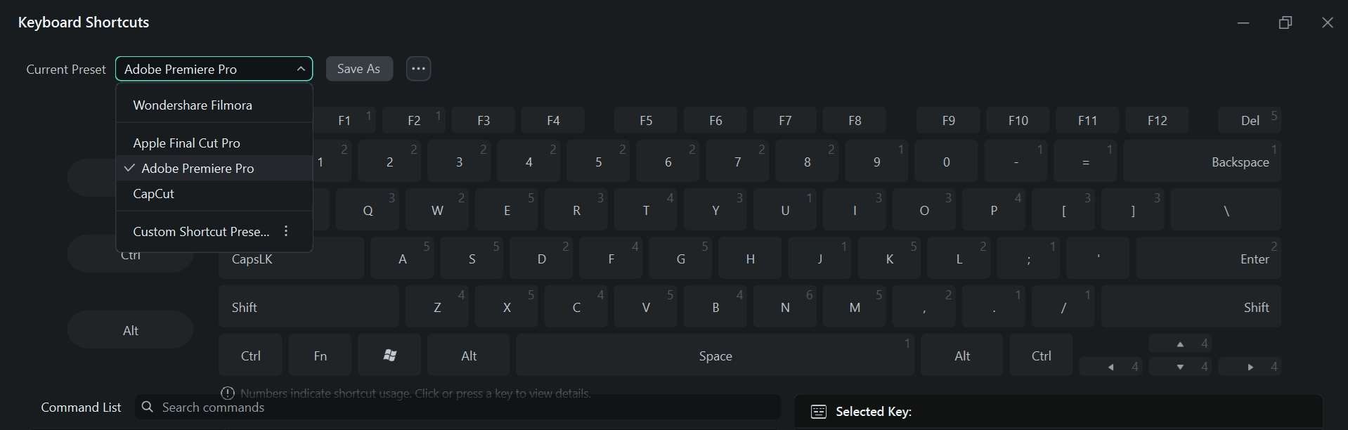 change keyboard shortcut preset in filmora