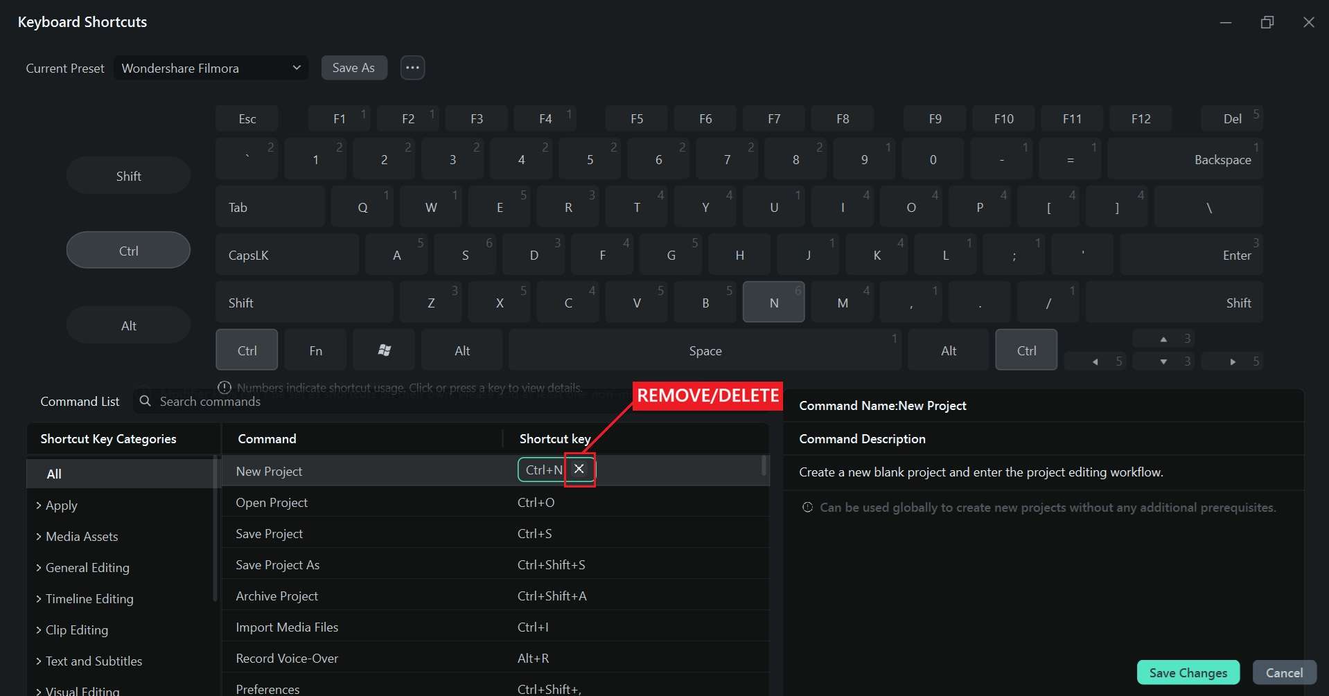 remove shortcut key in filmora