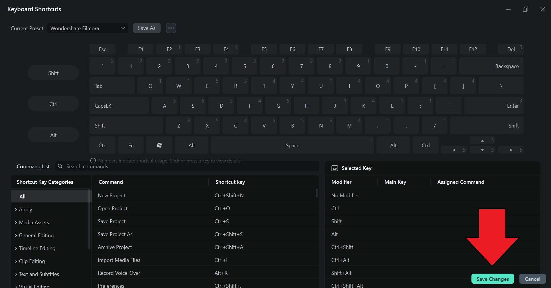 save the keyboard shortcut changes