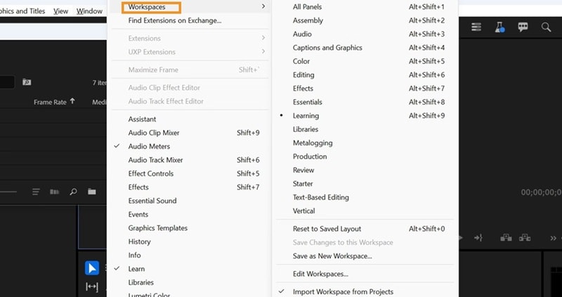 set premiere pro workspace