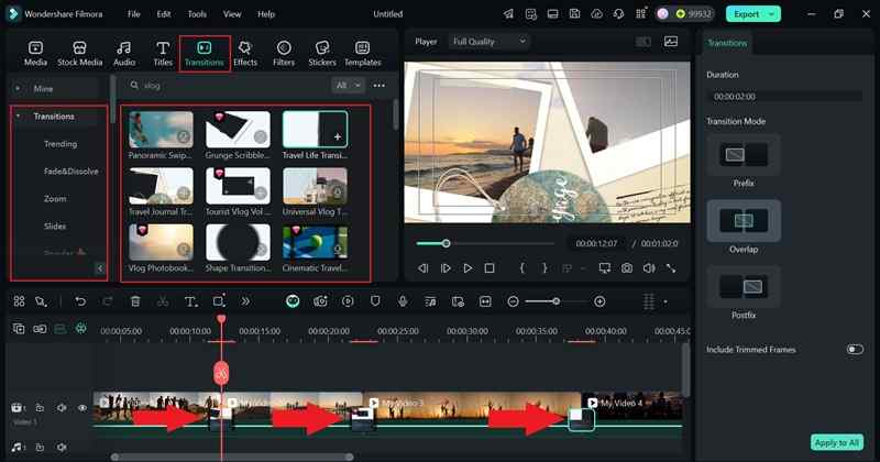 select transitions and add to video