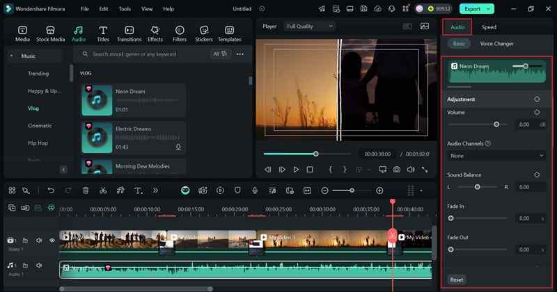 adjust audio settings in property panel