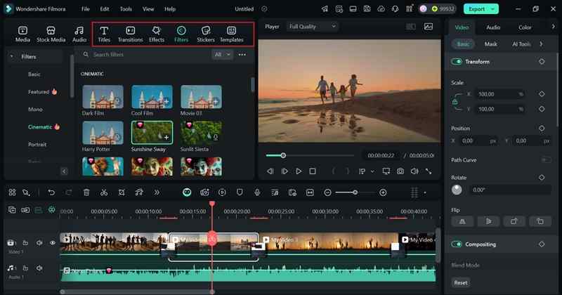 browse through filmora library and features