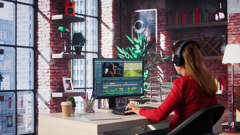 woman editing video on desktop