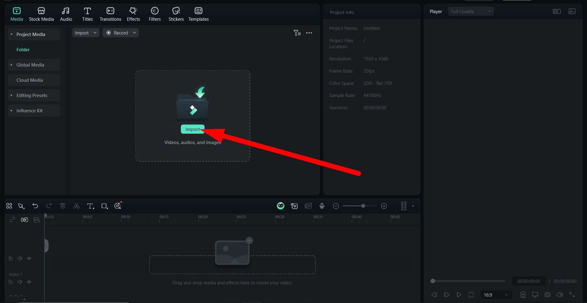 click to import media files filmora